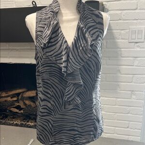 Ann Taylor Black and Gray Zebra Silk Ruffle Blouse